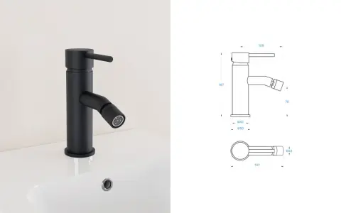 Rubinetto bidet nero opaco, moderno e funzionale, con dettagli tecnici e misure.