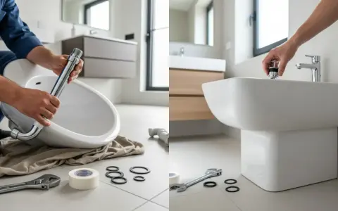 Installazione di un nuovo rubinetto per bidet. Mani che assemblano il pezzo, con attrezzi e guarnizioni a portata di mano.