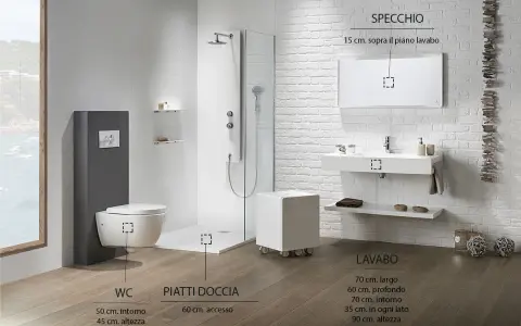 Bagno moderno con WC sospeso (altezza 45 cm), piatto doccia e lavabo (altezza 90 cm).
