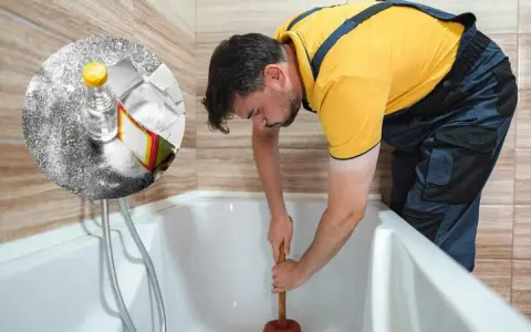 Uomo con sturalavandini prova a sturare la vasca da bagno. In un cerchio, bicarbonato e aceto, rimedi naturali per sturare la vasca da bagno.