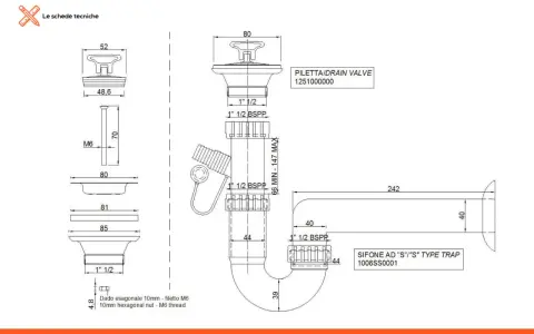 Disegno tecnico di parti di un lavandino: piletta, sifone e dado esagonale.