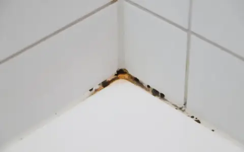Angolo di un piatto doccia con silicone macchiato da muffa e sporco.