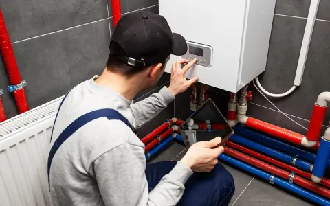 Uomo con tablet e cappellino esegue pulizia impianto riscaldamento fai da te, controllando la caldaia e i tubi colorati.