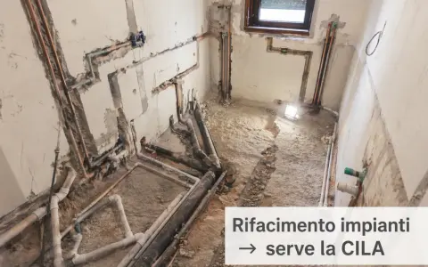 Bagno in ristrutturazione: tubature a vista per la sostituzione. Manutenzione straordinaria in corso, serve la CILA.