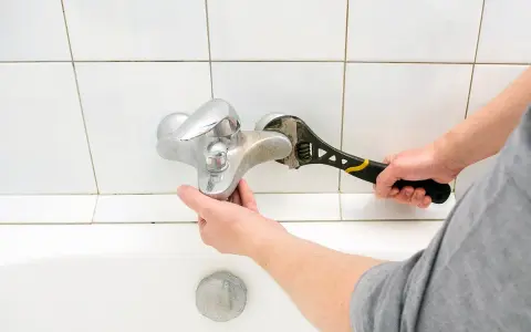 Mano con chiave inglese ripara un rubinetto che perde dal miscelatore, sopra la vasca da bagno.