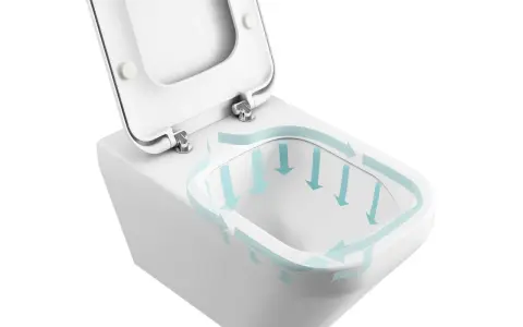 WC con sistema di scarico a turbinio, indicato da frecce azzurre che mostrano il flusso dell'acqua.