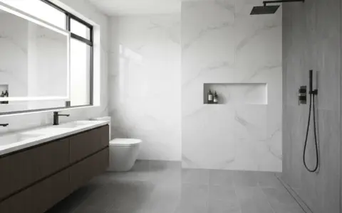 Bagno moderno con doppio lavabo, WC e una spaziosa doccia walking.