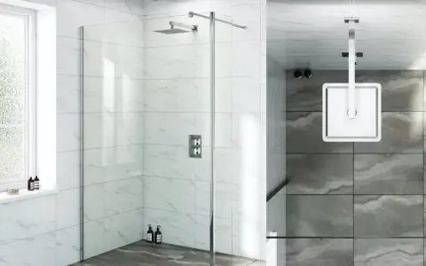 Installazione moderna di una colonna doccia con soffione a pioggia e pannelli in vetro.