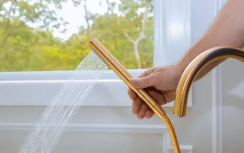 Mano che tiene un soffione doccia dorato, con acqua che scorre. Un esempio pratico su come pulire il tubo flessibile della doccia per un getto ottimale.
