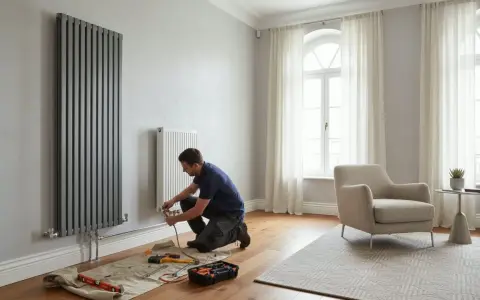 Un tecnico esegue il montaggio termosifoni in un soggiorno moderno. Attrezzi a terra, un radiatore verticale grigio e uno bianco.