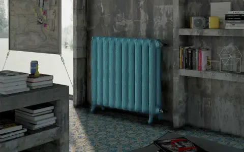 Un elegante termoarredo turchese, con dettagli decorativi, pronto per aprire e chiudere il calore in un ambiente moderno.