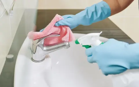 Mani guantate spruzzano detergente su un rubinetto del bagno, pronto per essere pulito con un panno rosa.