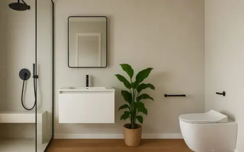 Bagno moderno con doccia, lavabo, specchio e WC. La doccia ha una comoda seduta integrata, ideale per chi cerca idee su come realizzare una seduta nella doccia.