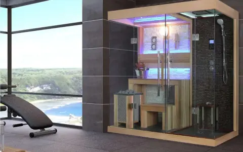 Moderna doccia svedese con sauna e zona doccia, con vista panoramica su un paesaggio verdeggiante e sul mare.