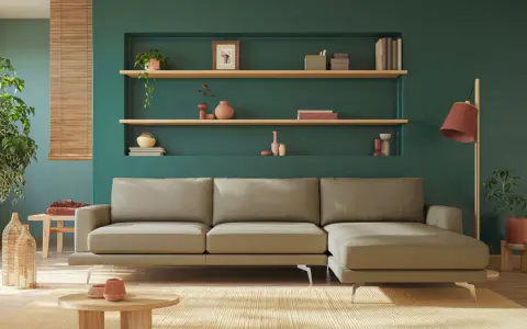 Divano beige davanti a un termosifone, con mensole piene di oggetti decorativi e piante.