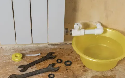 Riparazione di un termosifone che perde acqua e presenta ruggine. Attrezzi e bacinella gialla pronti per l'intervento.