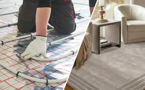 Installazione di tubi per tappeti per riscaldamento a pavimento, che portano calore e comfort in un soggiorno moderno con poltrona e tavolino.