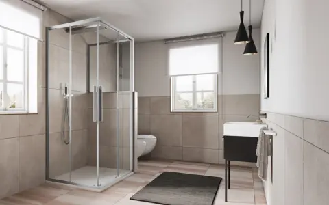 Box doccia angolare moderno con ante scorrevoli in vetro trasparente, che mostra le sue dimensioni ideali per un bagno spazioso.