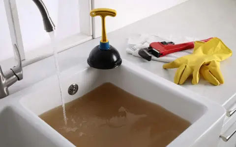 Acqua sporca ristagna in un lavandino bagno otturato. Attrezzi per lo spurgo: sturalavandini, chiave inglese e guanti gialli.