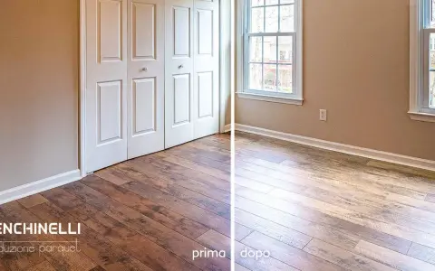 Parquet prima e dopo: un confronto visivo che mostra l'effetto dell'ossidazione sul legno, trasformando il colore e la texture.