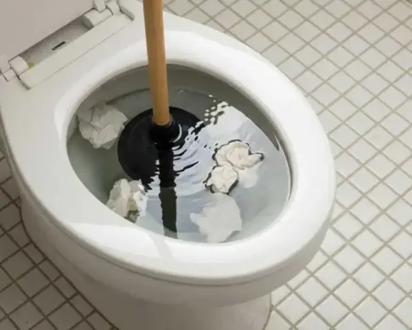 Sturare la vasca da bagno in modo naturale: un water intasato con carta igienica e uno sturalavandini pronto all'uso.