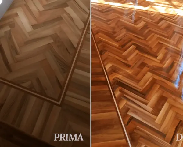 Parquet prima e dopo il trattamento: scopri come togliere la cera dal parquet verniciato per un risultato brillante e protetto.