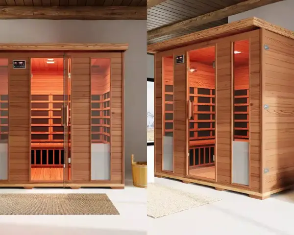 Sauna a infrarossi moderna, con pannelli in legno e porte in vetro. Scopri i benefici per il benessere e il relax.
