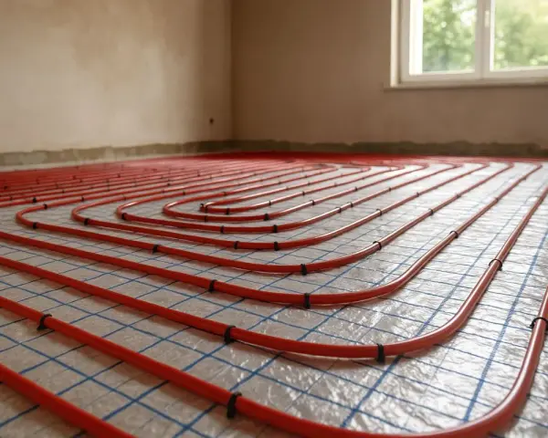 Sistema di riscaldamento a pavimento con tubi rossi disposti a spirale su una griglia blu. L'installazione è pronta per il massetto, garantendo un comfort termico ottimale.