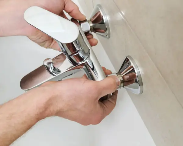 Mani che installano un nuovo miscelatore cromato per la vasca da bagno, parte della sostituzione miscelatore vasca da bagno.