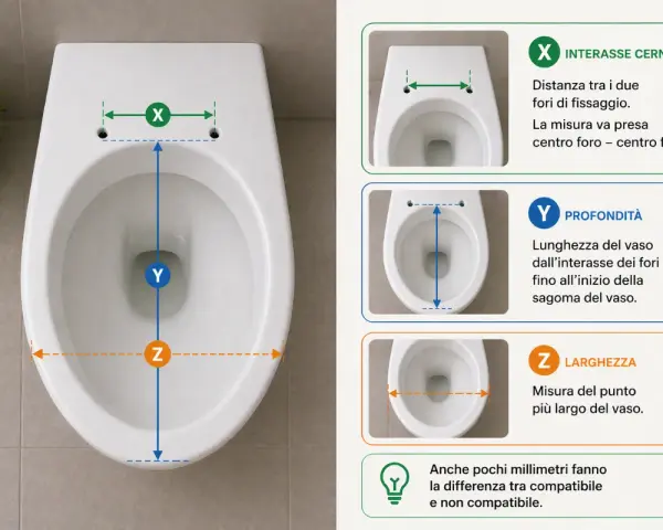 Guida alle copriwater misure: interasse cerniere (X), profondità (Y) e larghezza (Z) per una scelta compatibile.