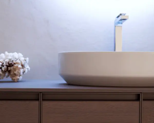 Un moderno lavabo bianco su un mobile in legno scuro, con un pezzo di corallo come decorazione.