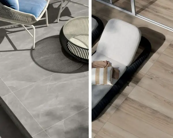 Due diverse opzioni per il miglior pavimento per terrazzo: grigio effetto marmo o effetto legno chiaro.