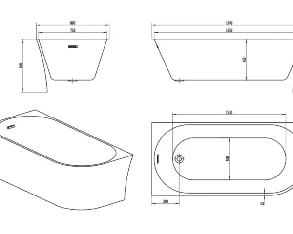 Disegni tecnici di una vasca da bagno freestanding con misure. La vasca da bagno glass ha una forma ovale e bordi curvi.
