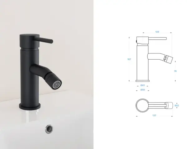 Rubinetto bidet nero opaco, moderno e funzionale, con dettagli tecnici e misure.