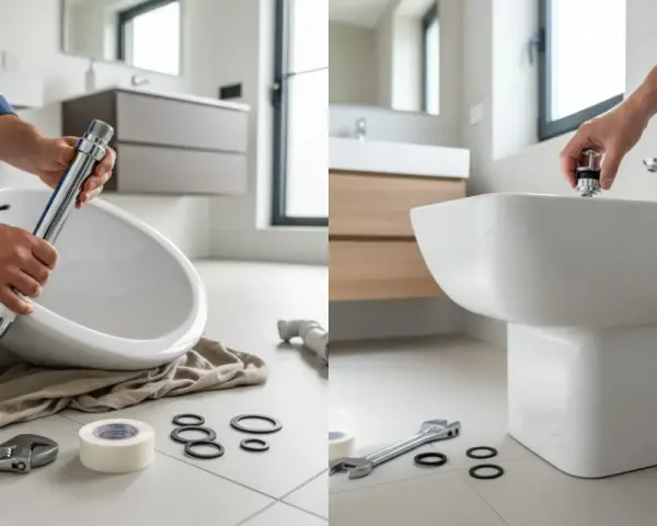 Installazione di un nuovo rubinetto per bidet. Mani che assemblano il pezzo, con attrezzi e guarnizioni a portata di mano.