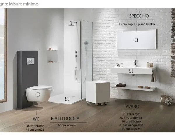 Bagno moderno con WC sospeso (altezza 45 cm), piatto doccia e lavabo (altezza 90 cm).