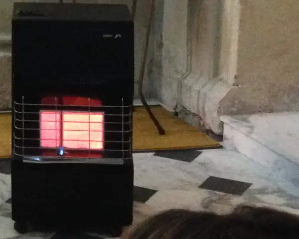 Stufa a gas nera con fiamma rossa visibile. Le stufe a gas sono sicure, offrono calore e comfort in casa.