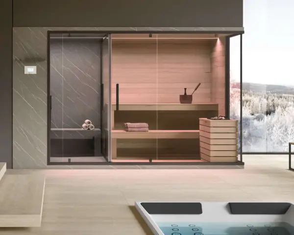 Interno moderno con sauna in legno, doccia e vasca idromassaggio, ideale per chi cerca idee su come costruire una sauna.