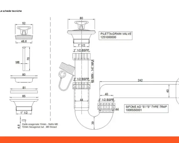 Disegno tecnico di parti di un lavandino: piletta, sifone e dado esagonale.
