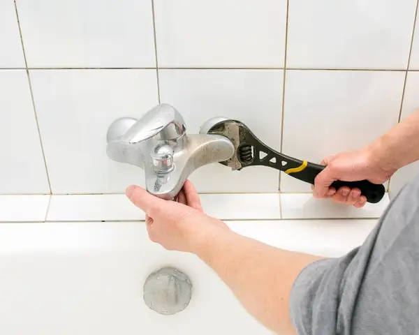 Mano con chiave inglese ripara un rubinetto che perde dal miscelatore, sopra la vasca da bagno.