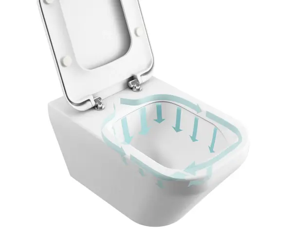 WC con sistema di scarico a turbinio, indicato da frecce azzurre che mostrano il flusso dell'acqua.