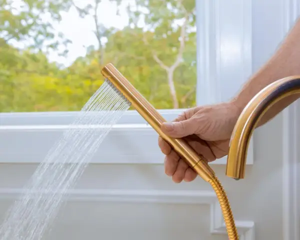 Mano che tiene un soffione doccia dorato, con acqua che scorre. Un esempio pratico su come pulire il tubo flessibile della doccia per un getto ottimale.