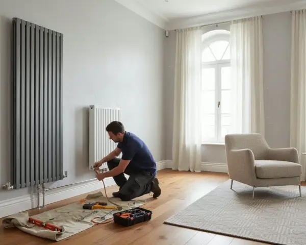 Un tecnico esegue il montaggio termosifoni in un soggiorno moderno. Attrezzi a terra, un radiatore verticale grigio e uno bianco.