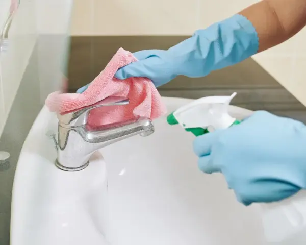 Mani guantate spruzzano detergente su un rubinetto del bagno, pronto per essere pulito con un panno rosa.