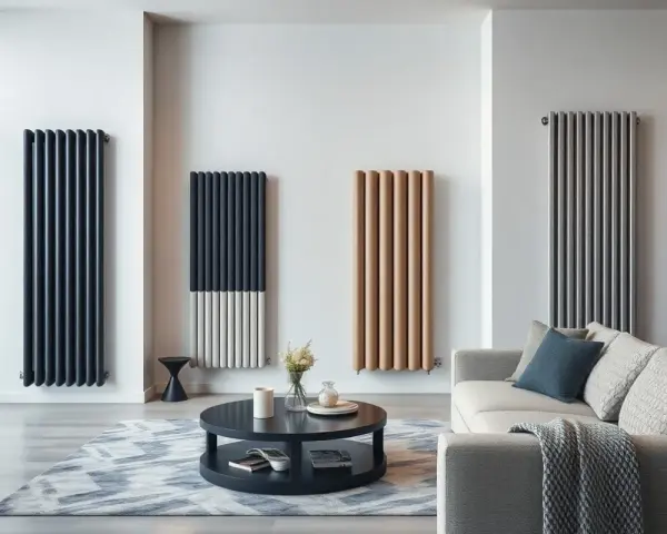 Quattro termosifoni moderni in diverse colorazioni e finiture, ideali per un salotto di design. Scopri i prezzi per rinnovare il tuo ambiente.