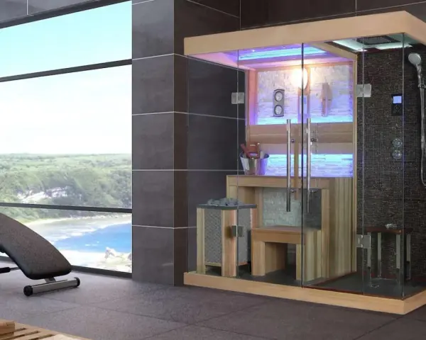 Moderna doccia svedese con sauna e zona doccia, con vista panoramica su un paesaggio verdeggiante e sul mare.