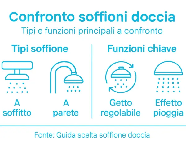 Confronto tipi e funzioni soffioni doccia: a soffitto, a parete, getto regolabile, effetto pioggia. La dimensione soffione doccia varia.