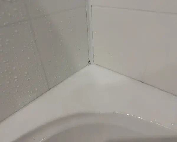 Angolo di una vasca da bagno con piastrelle bagnate e un sigillante bianco appena applicato per sigillare la vasca da bagno.