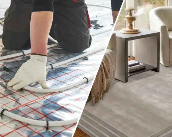 Installazione di tubi per tappeti per riscaldamento a pavimento, che portano calore e comfort in un soggiorno moderno con poltrona e tavolino.