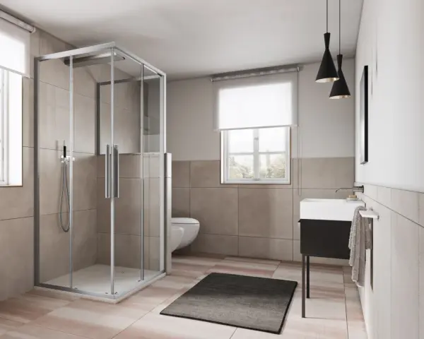 Box doccia angolare moderno con ante scorrevoli in vetro trasparente, che mostra le sue dimensioni ideali per un bagno spazioso.